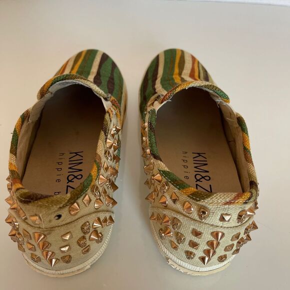 Kim & Kozi Hippie Bling Canvas Rasta Stripes Studs Sculls Loafers Sz 8 - Picture 4 of 8